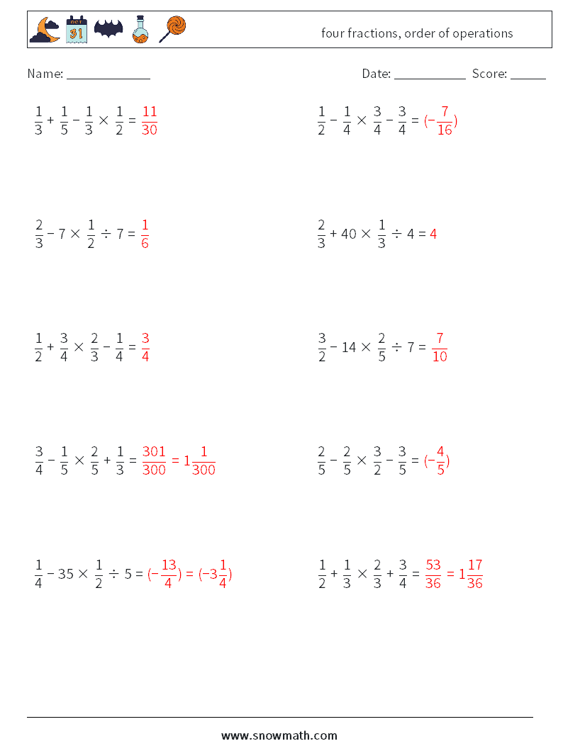 four fractions, order of operations Math Worksheets 9 Question, Answer