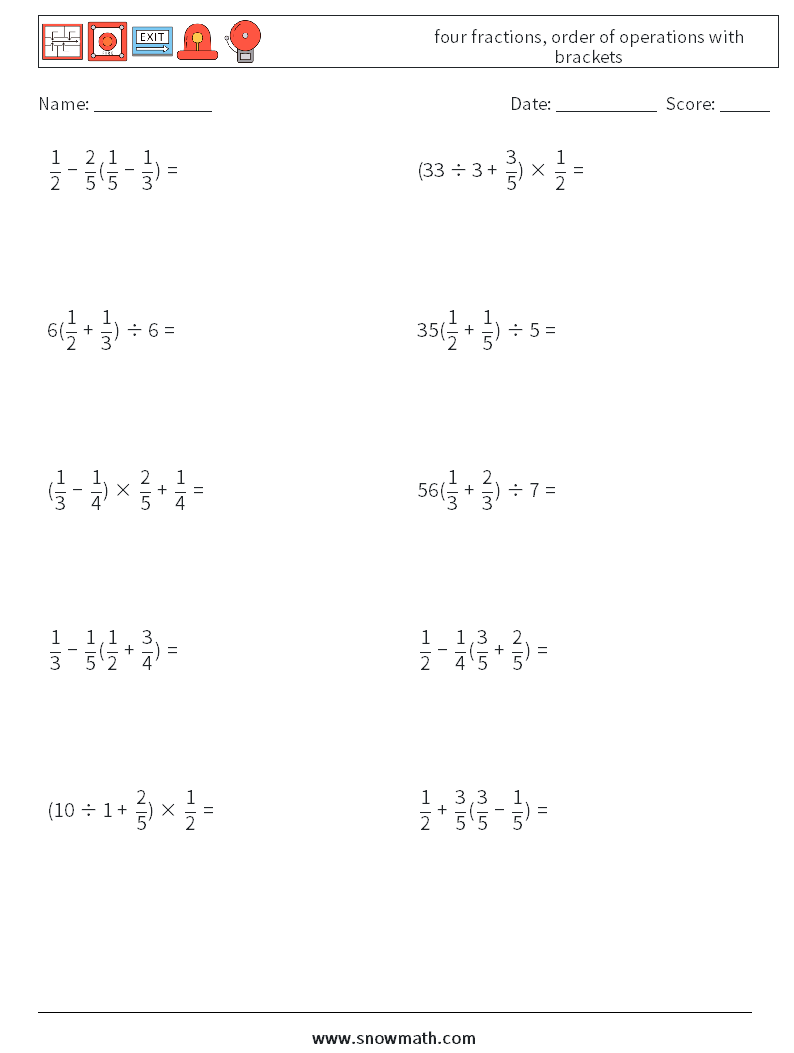 four fractions, order of operations with brackets Math Worksheets 1