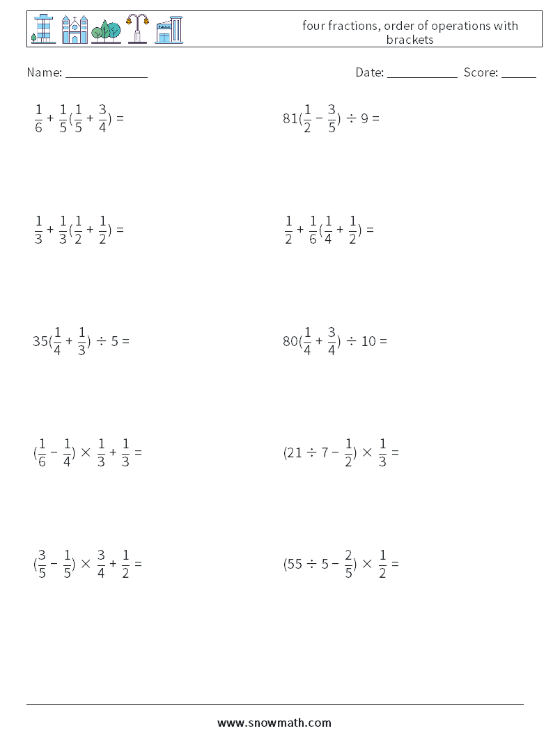 four fractions, order of operations with brackets Math Worksheets 12