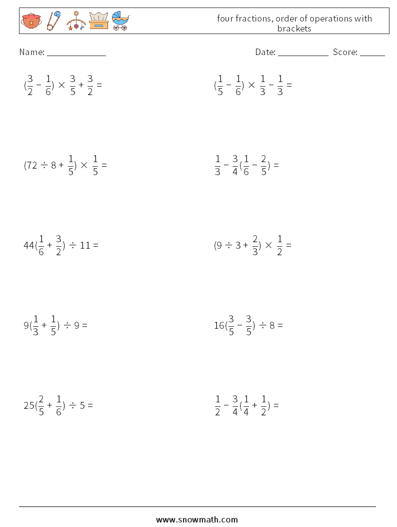 four fractions, order of operations with brackets Math Worksheets 13