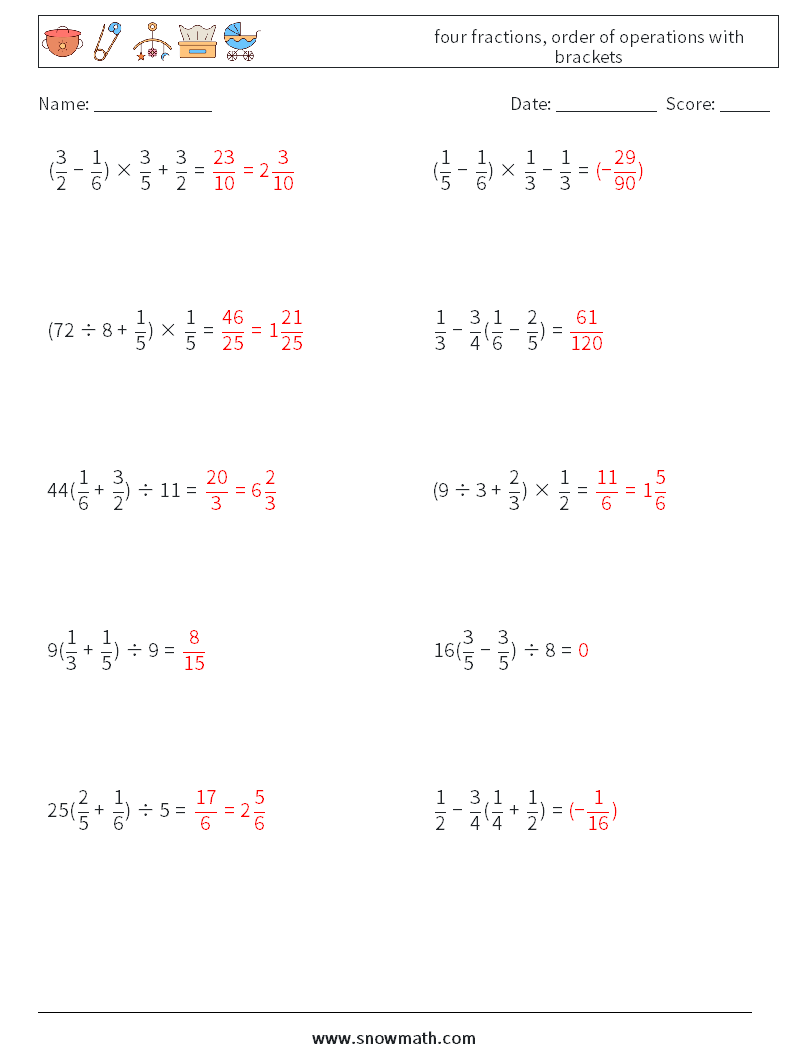 four fractions, order of operations with brackets Math Worksheets 13 Question, Answer