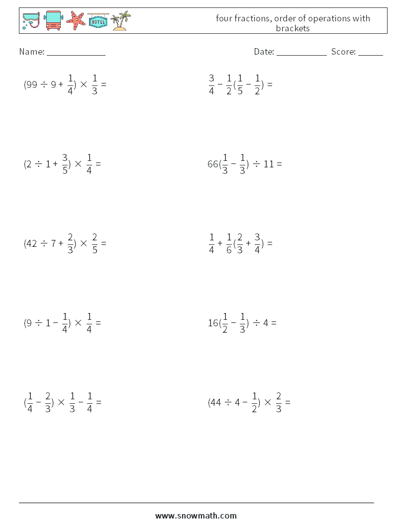 four fractions, order of operations with brackets Math Worksheets 14