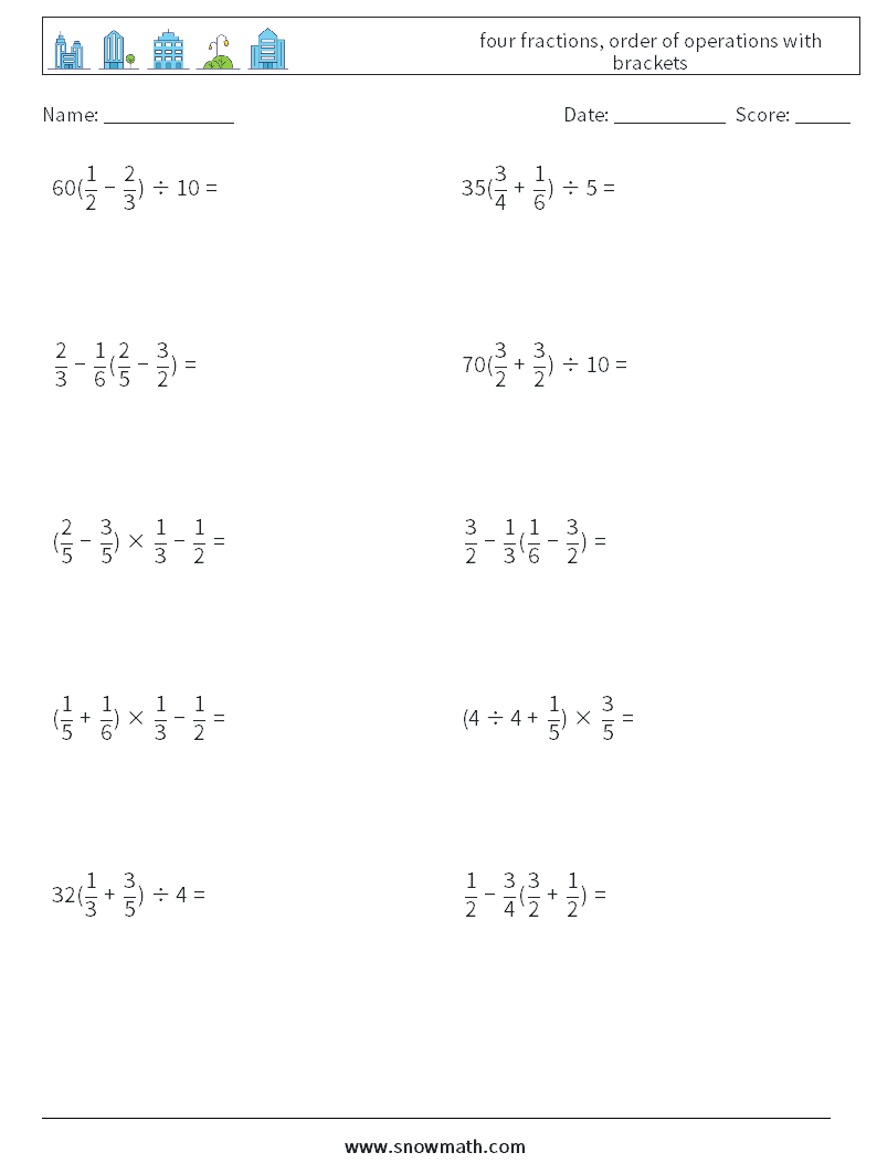 four fractions, order of operations with brackets Math Worksheets 18