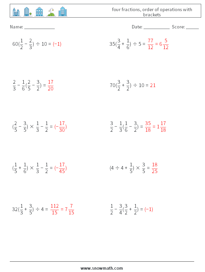 four fractions, order of operations with brackets Math Worksheets 18 Question, Answer