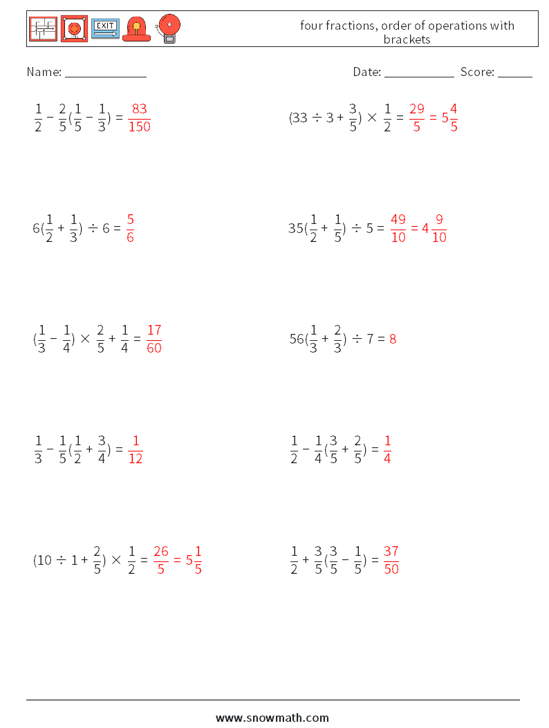 four fractions, order of operations with brackets Math Worksheets 1 Question, Answer