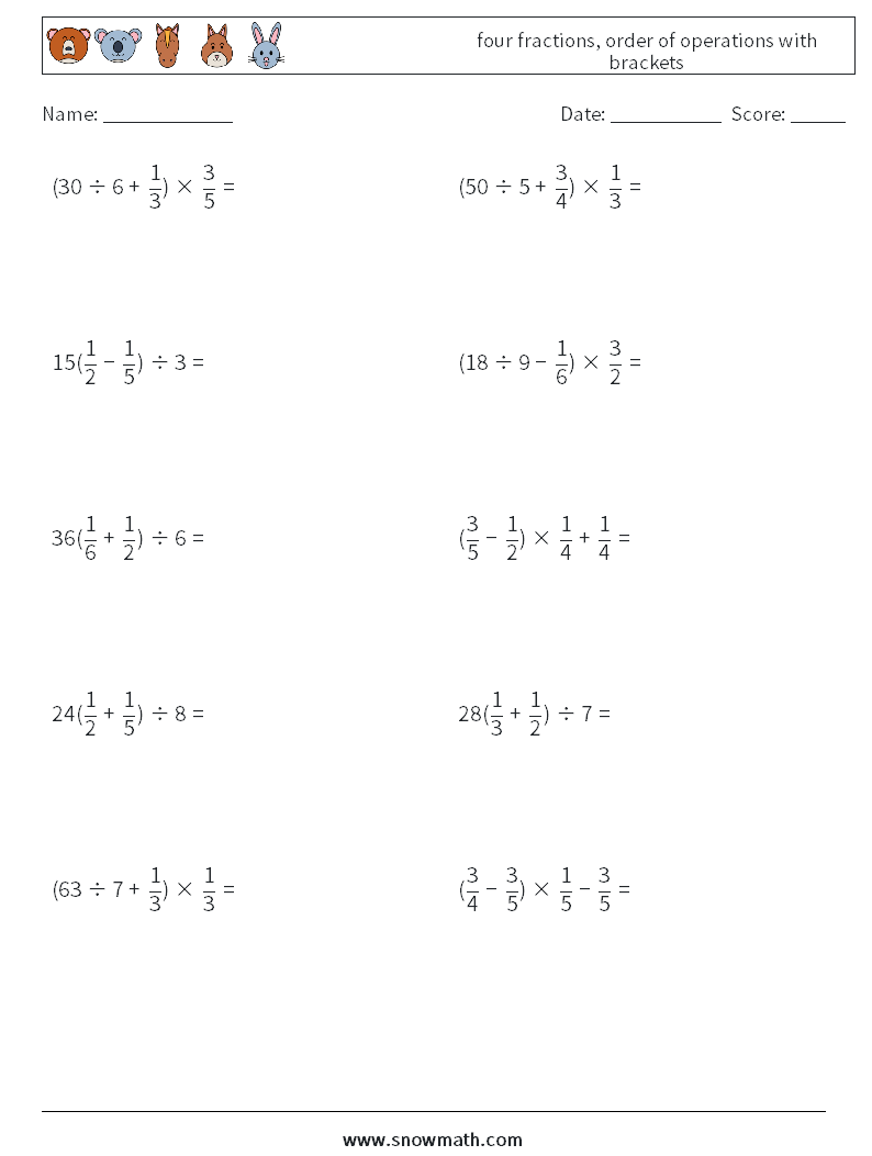 four fractions, order of operations with brackets Math Worksheets 2