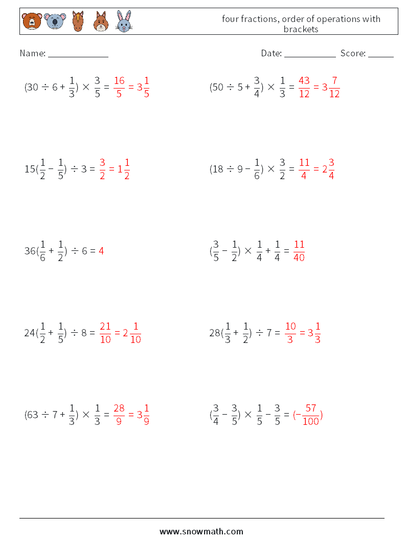 four fractions, order of operations with brackets Math Worksheets 2 Question, Answer