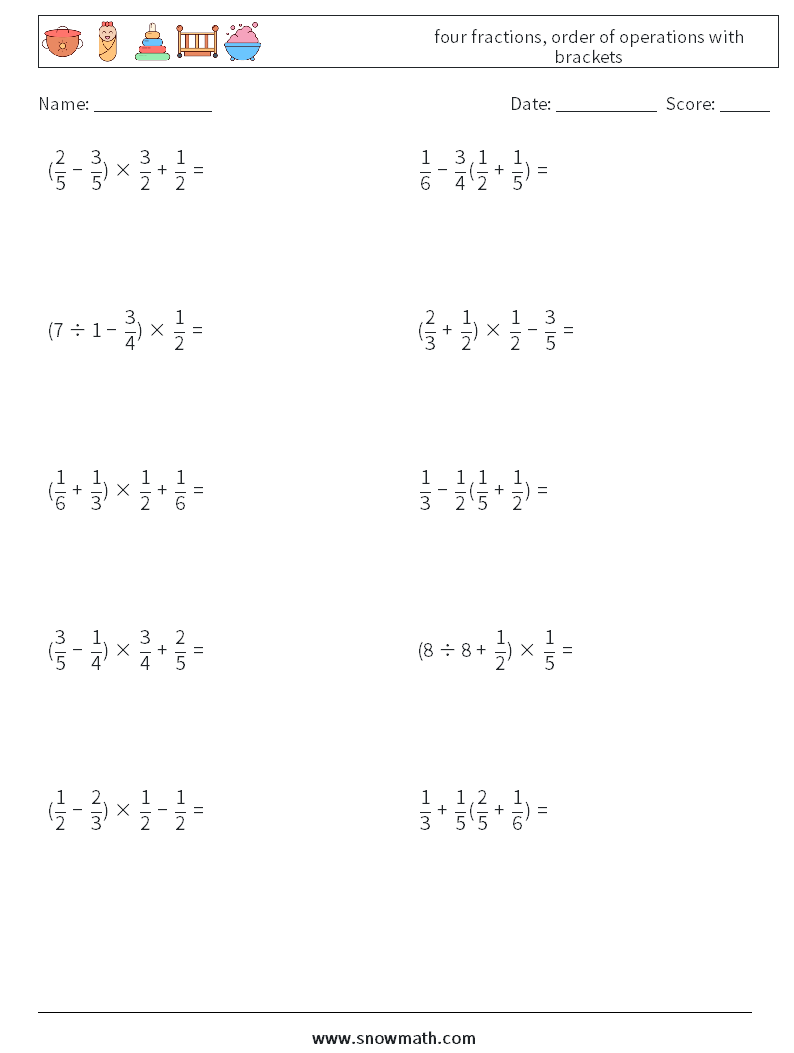 four fractions, order of operations with brackets Math Worksheets 3