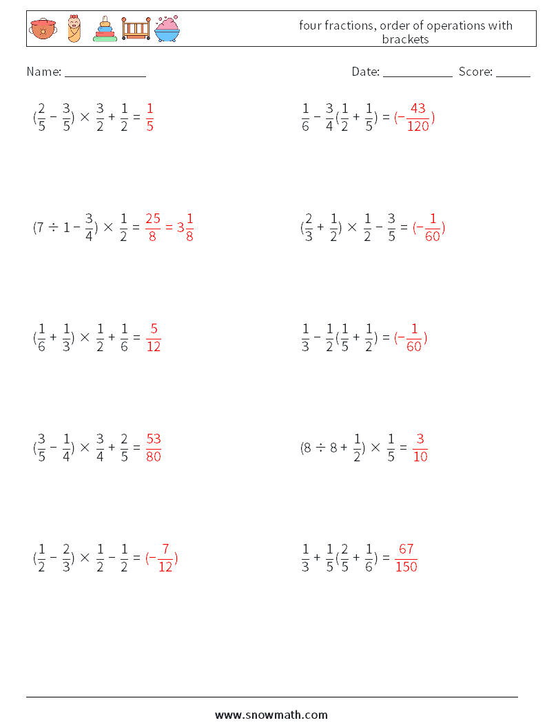 four fractions, order of operations with brackets Math Worksheets 3 Question, Answer
