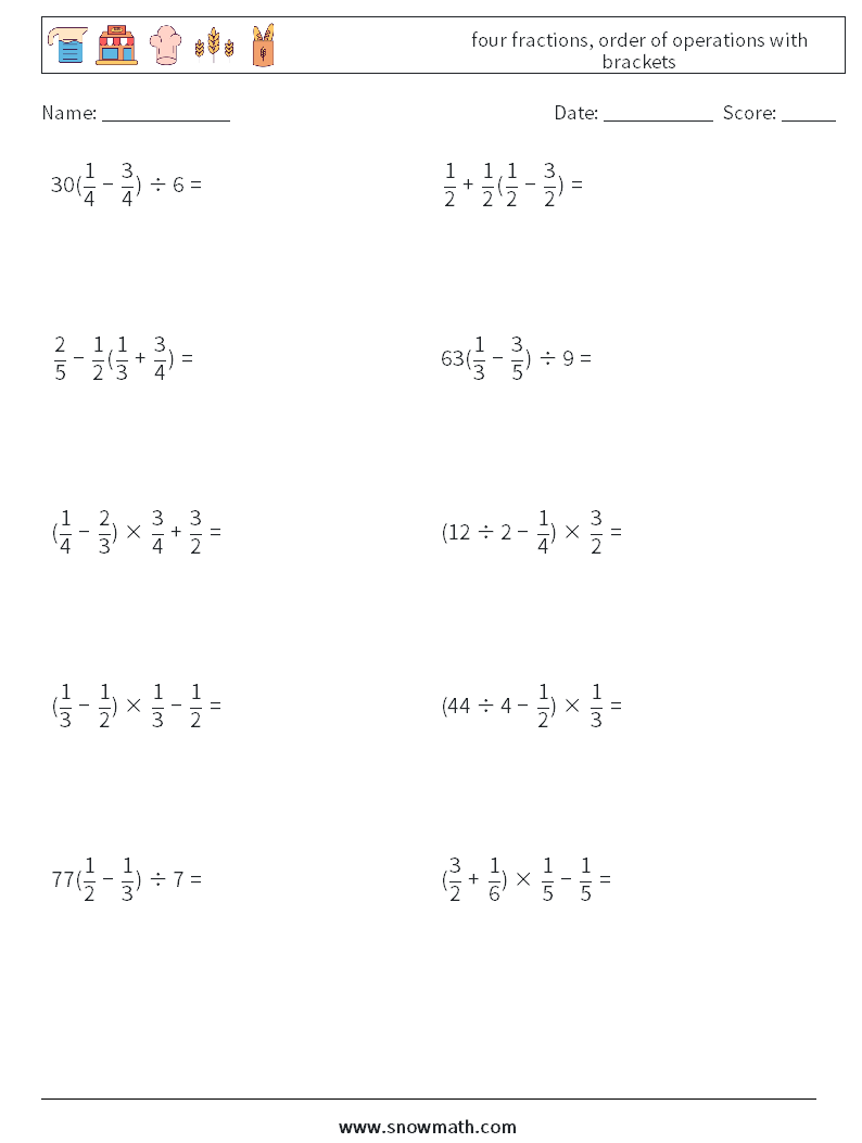 four fractions, order of operations with brackets Math Worksheets 4