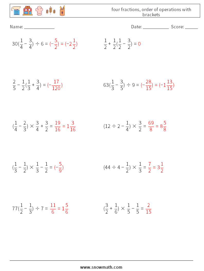 four fractions, order of operations with brackets Math Worksheets 4 Question, Answer