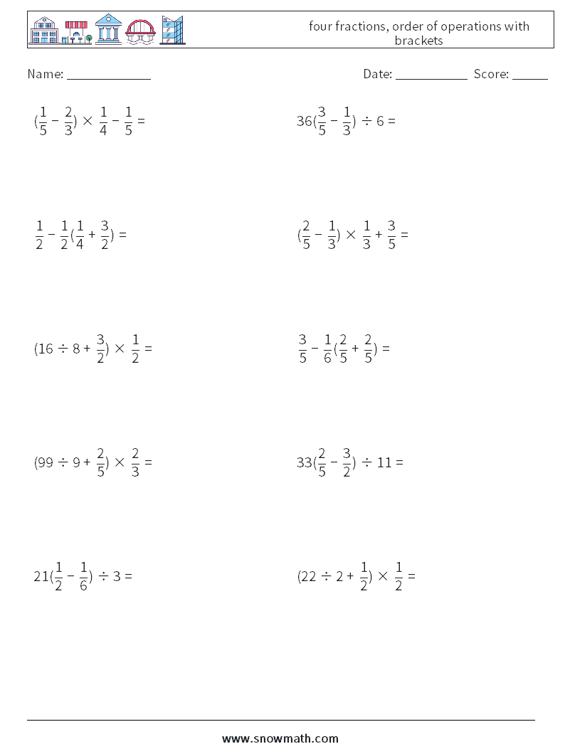 four fractions, order of operations with brackets Math Worksheets 5