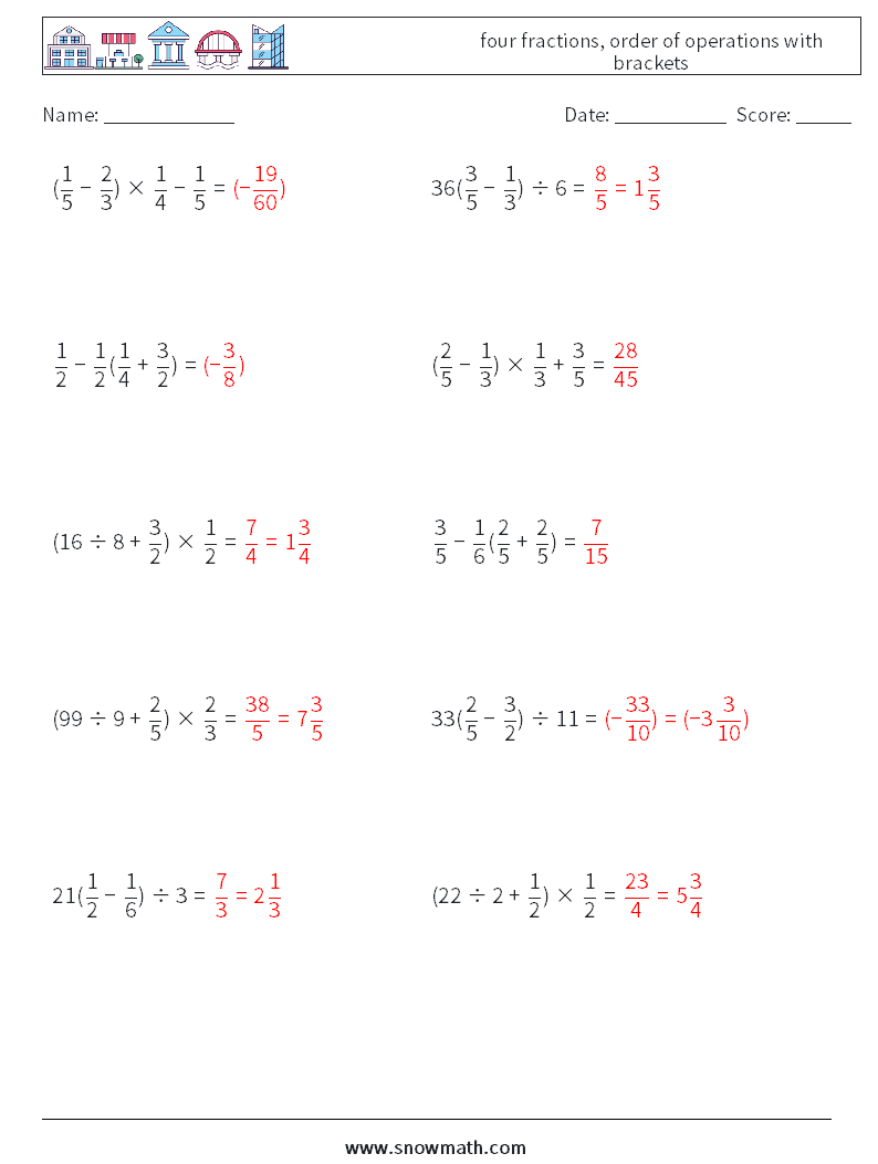 four fractions, order of operations with brackets Math Worksheets 5 Question, Answer