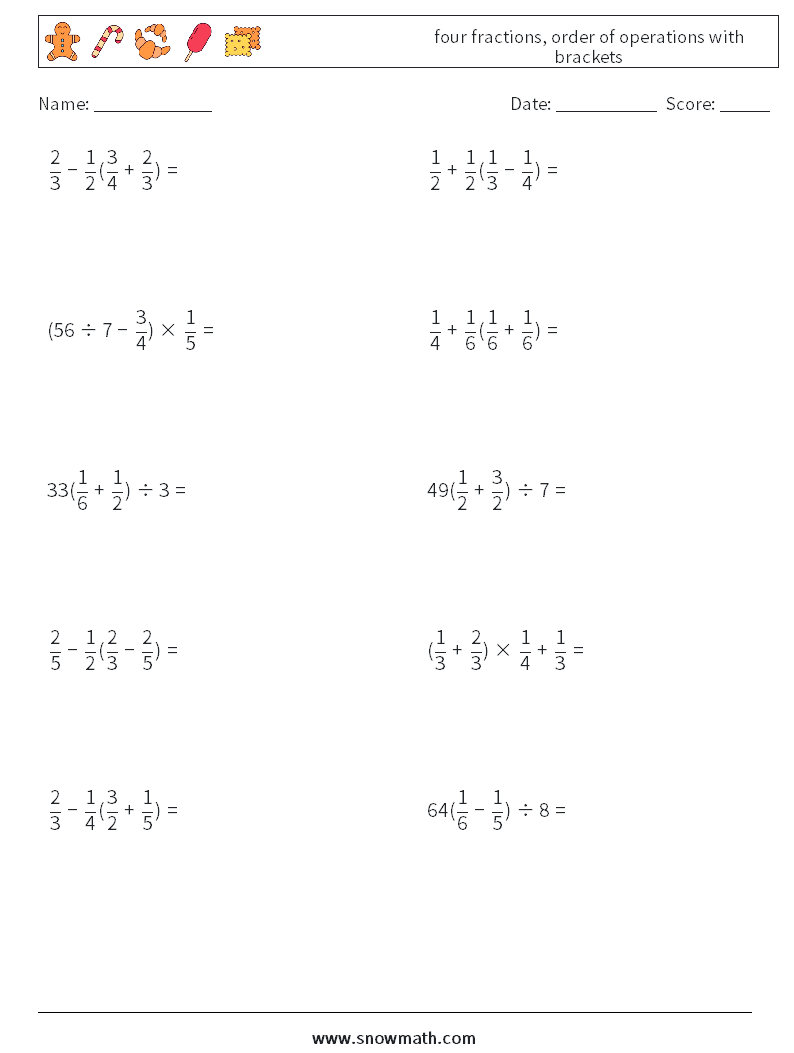 four fractions, order of operations with brackets Math Worksheets 6