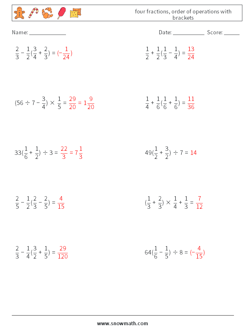 four fractions, order of operations with brackets Math Worksheets 6 Question, Answer