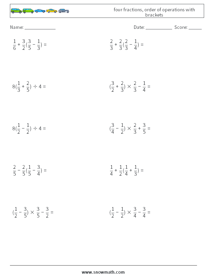 four fractions, order of operations with brackets Math Worksheets 7