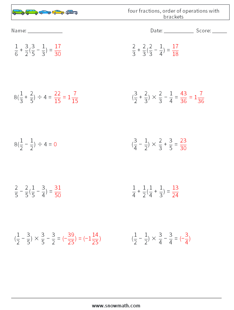 four fractions, order of operations with brackets Math Worksheets 7 Question, Answer