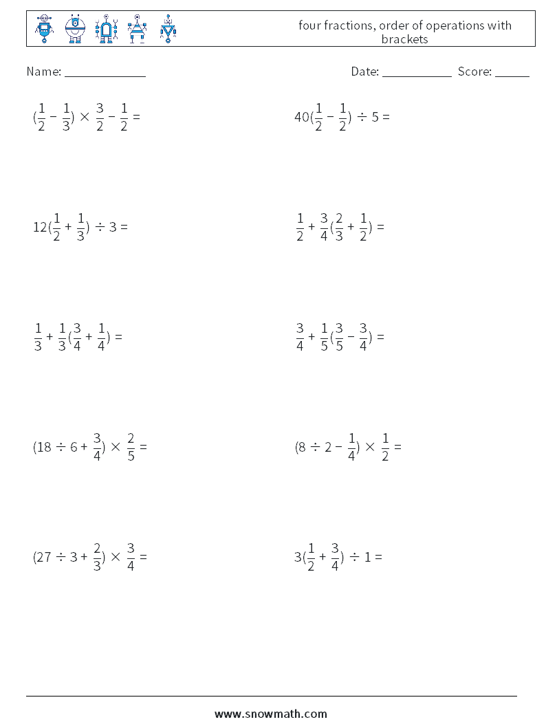 four fractions, order of operations with brackets Math Worksheets 8