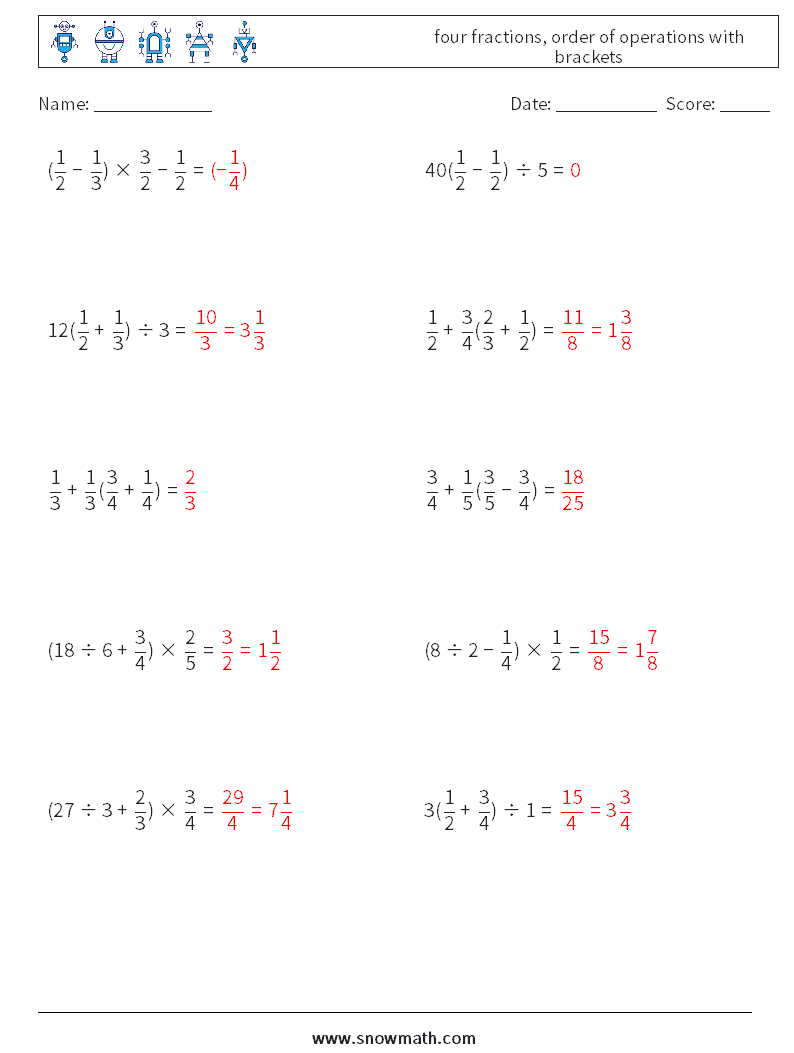 four fractions, order of operations with brackets Math Worksheets 8 Question, Answer