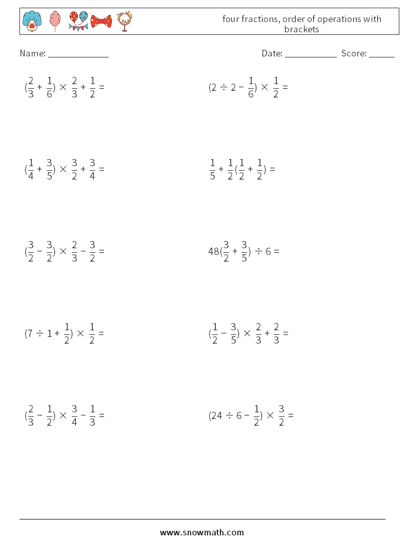 four fractions, order of operations with brackets Math Worksheets 9