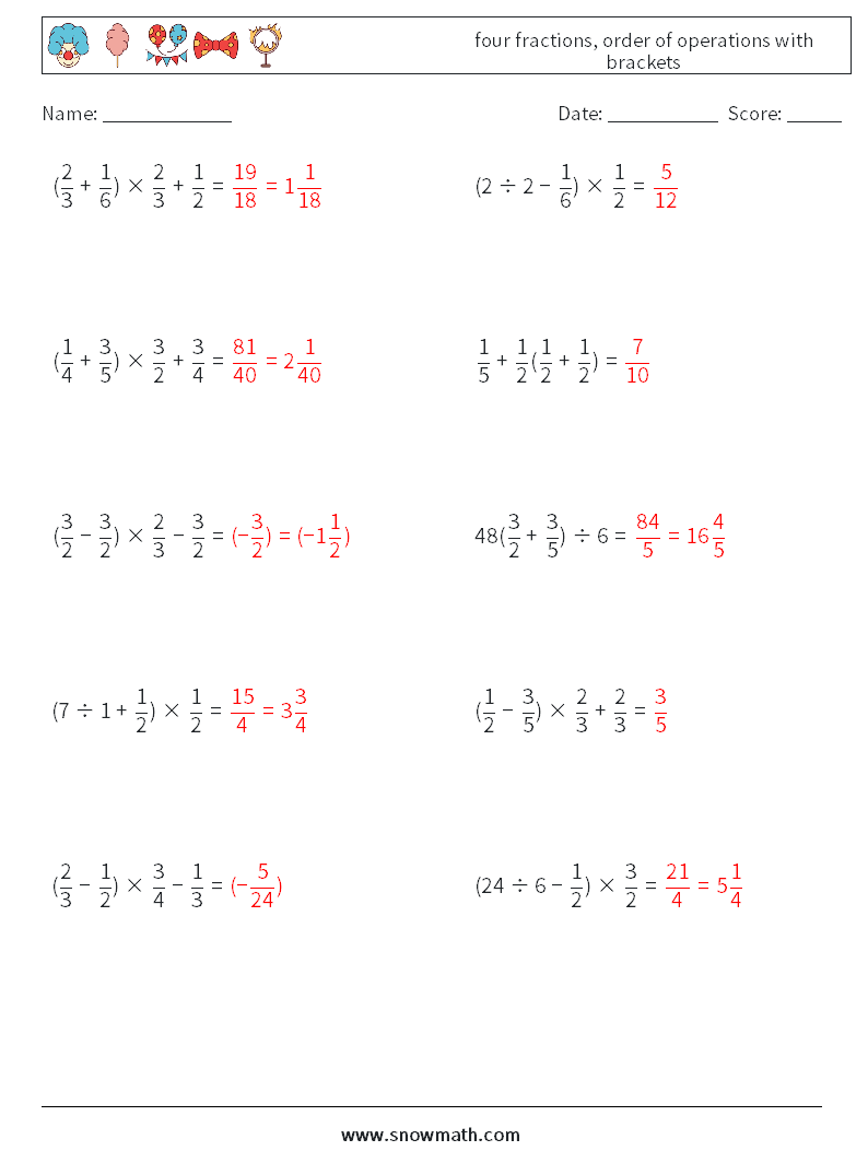 four fractions, order of operations with brackets Math Worksheets 9 Question, Answer