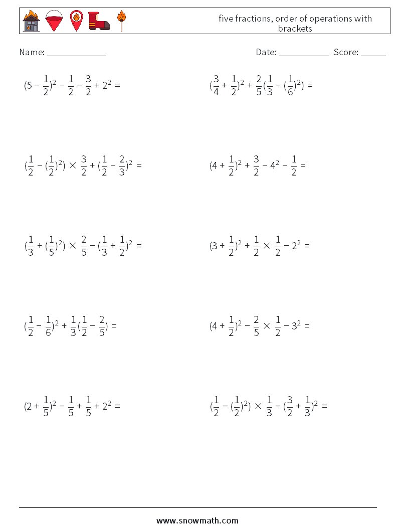 five fractions, order of operations with brackets Math Worksheets 1
