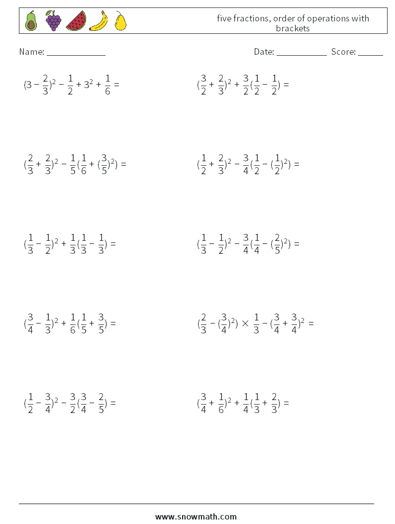 five fractions, order of operations with brackets Math Worksheets 10