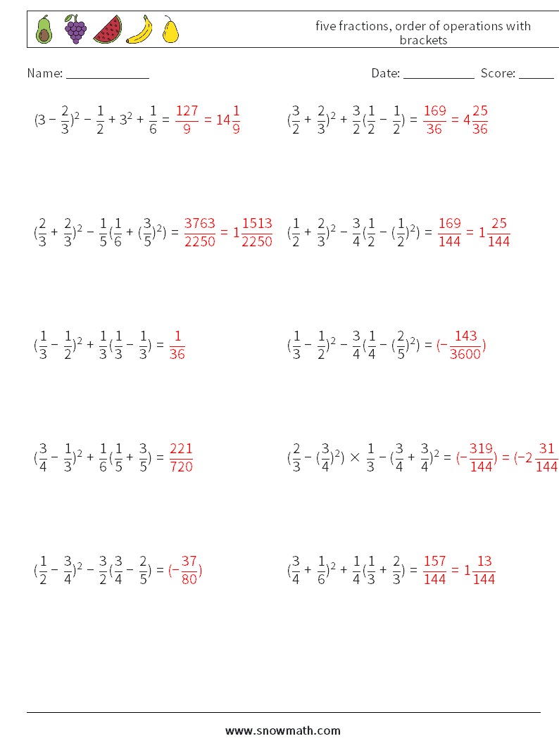 five fractions, order of operations with brackets Math Worksheets 10 Question, Answer