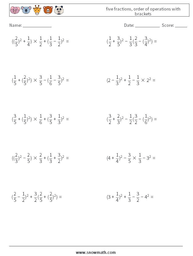 five fractions, order of operations with brackets Math Worksheets 11