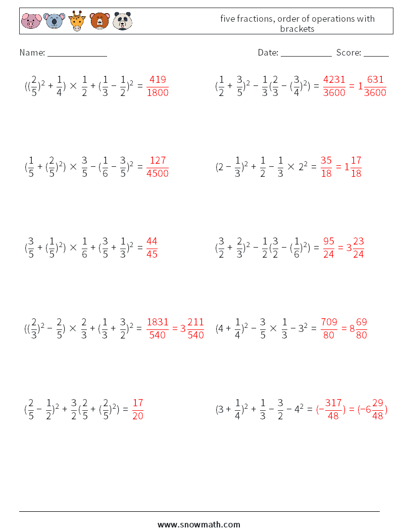 five fractions, order of operations with brackets Math Worksheets 11 Question, Answer