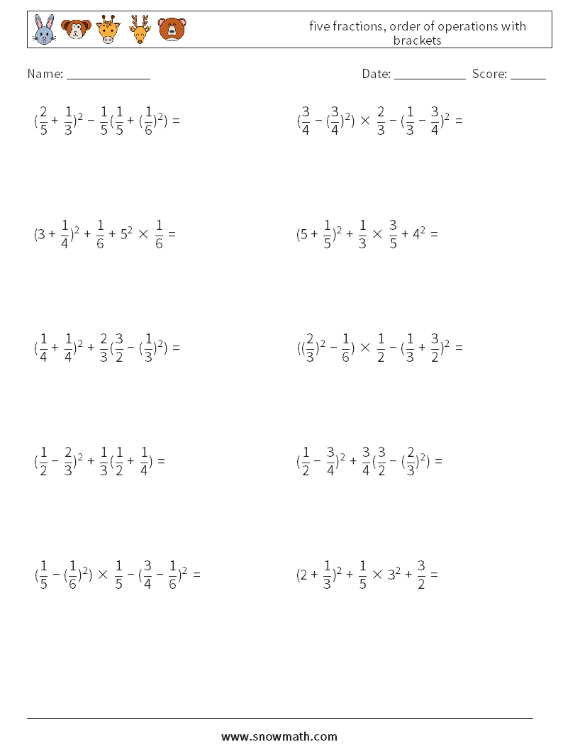 five fractions, order of operations with brackets Math Worksheets 12