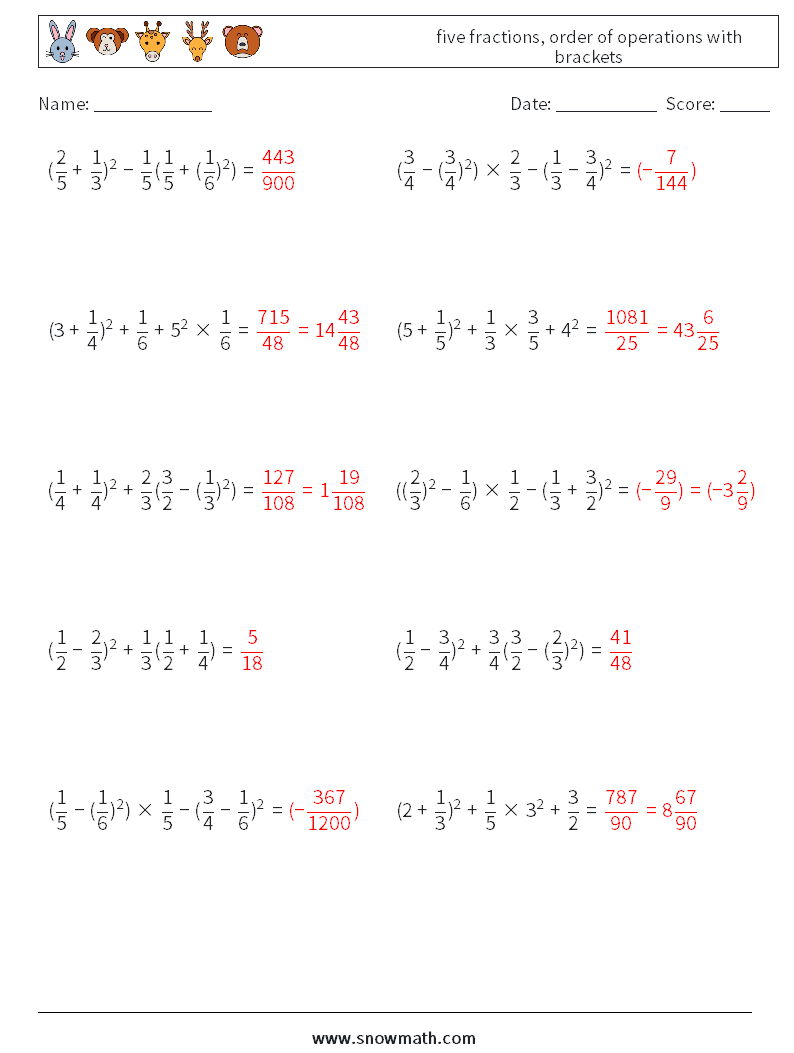 five fractions, order of operations with brackets Math Worksheets 12 Question, Answer