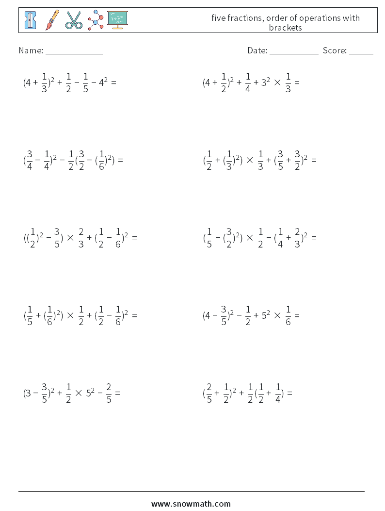 five fractions, order of operations with brackets Math Worksheets 13