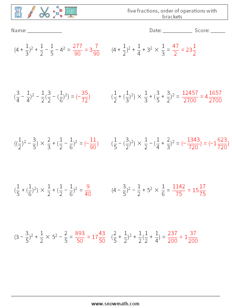 five fractions, order of operations with brackets Math Worksheets 13 Question, Answer