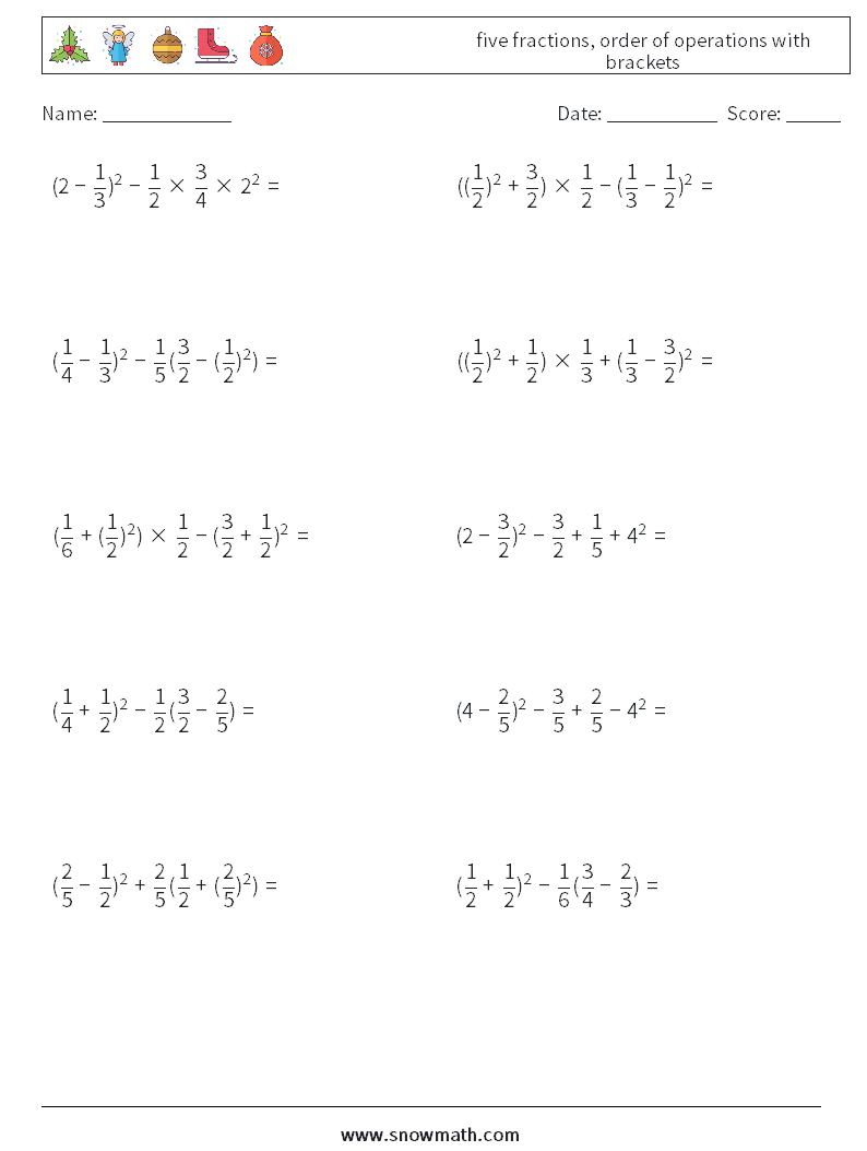 five fractions, order of operations with brackets Math Worksheets 14
