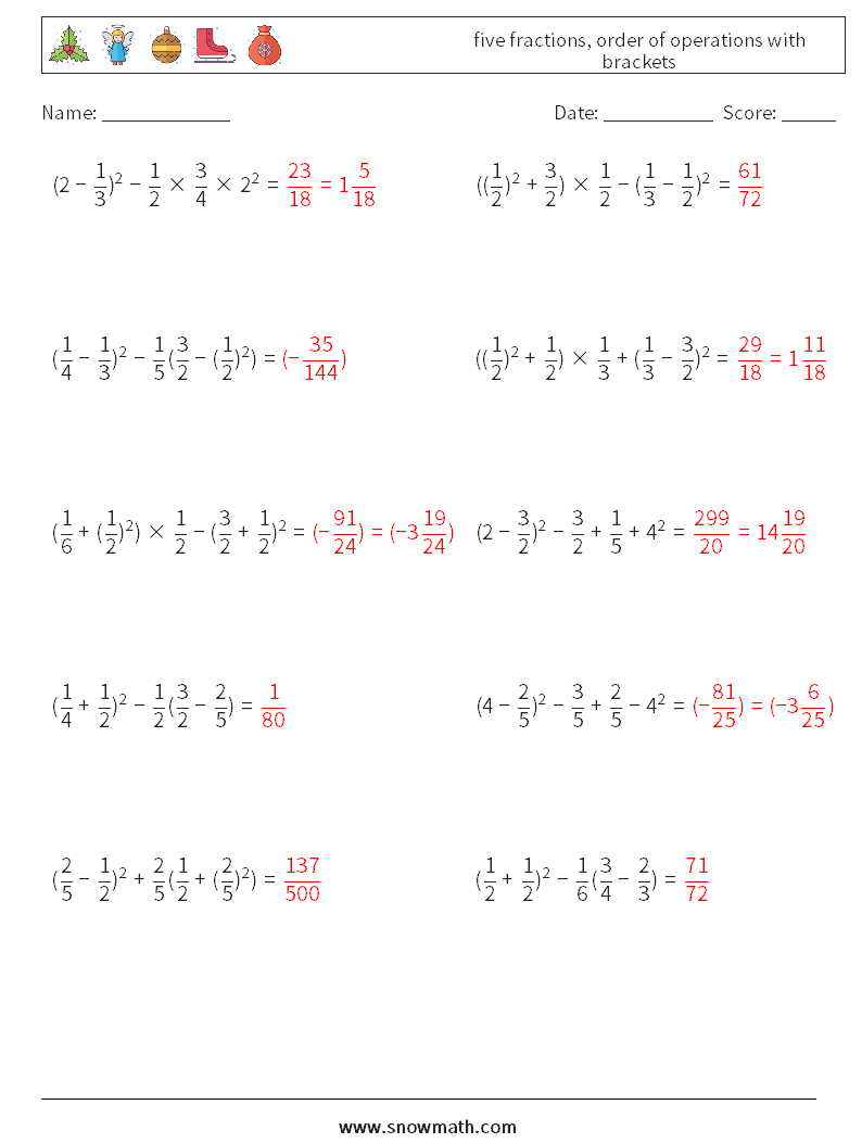 five fractions, order of operations with brackets Math Worksheets 14 Question, Answer