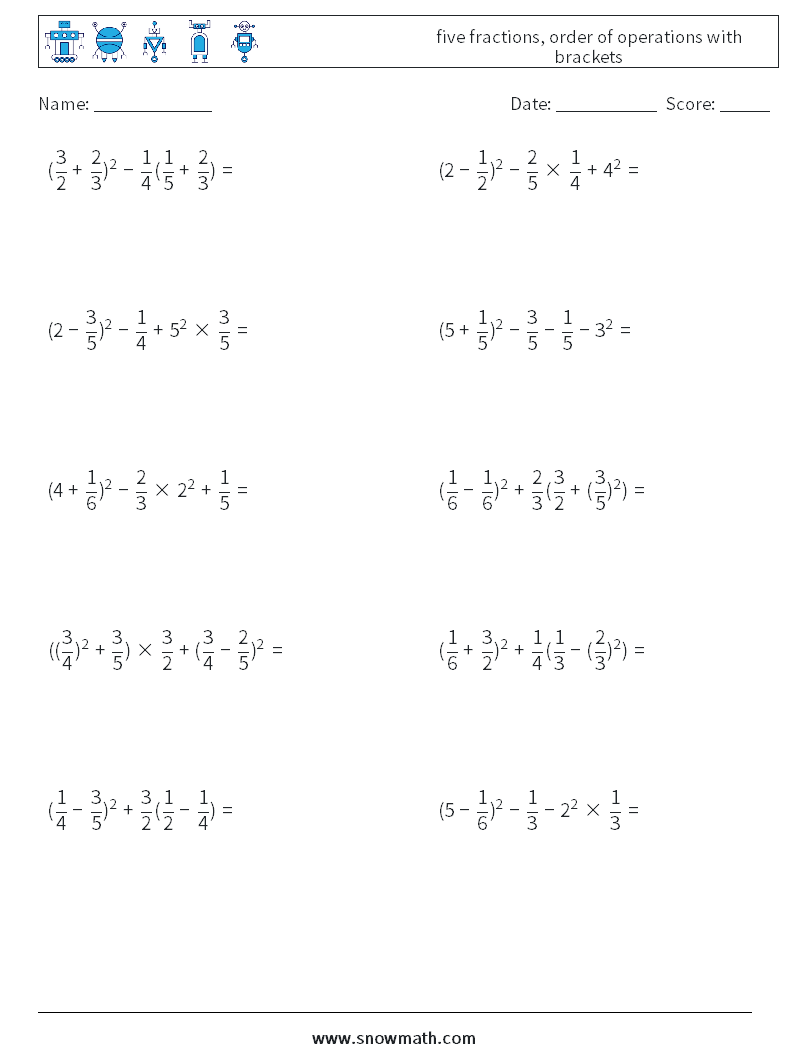 five fractions, order of operations with brackets Math Worksheets 16
