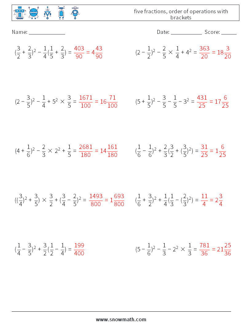 five fractions, order of operations with brackets Math Worksheets 16 Question, Answer