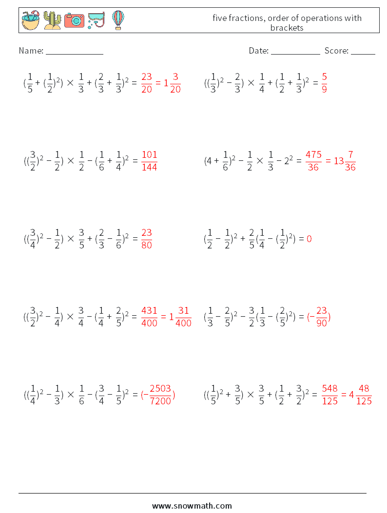 five fractions, order of operations with brackets Math Worksheets 17 Question, Answer