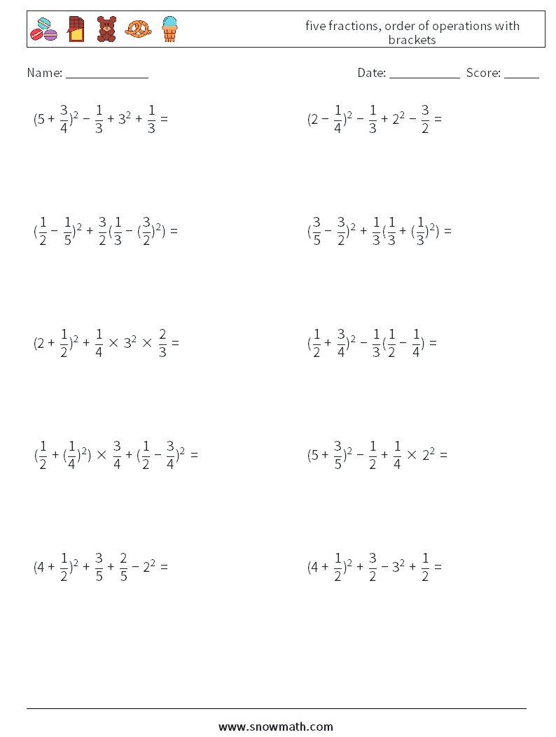 five fractions, order of operations with brackets Math Worksheets 18