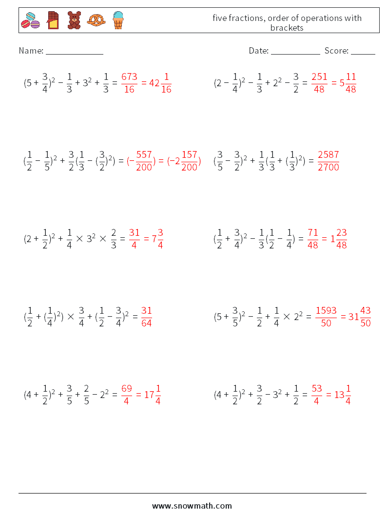 five fractions, order of operations with brackets Math Worksheets 18 Question, Answer