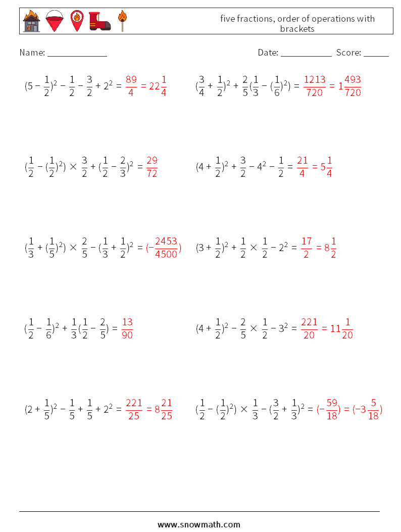 five fractions, order of operations with brackets Math Worksheets 1 Question, Answer