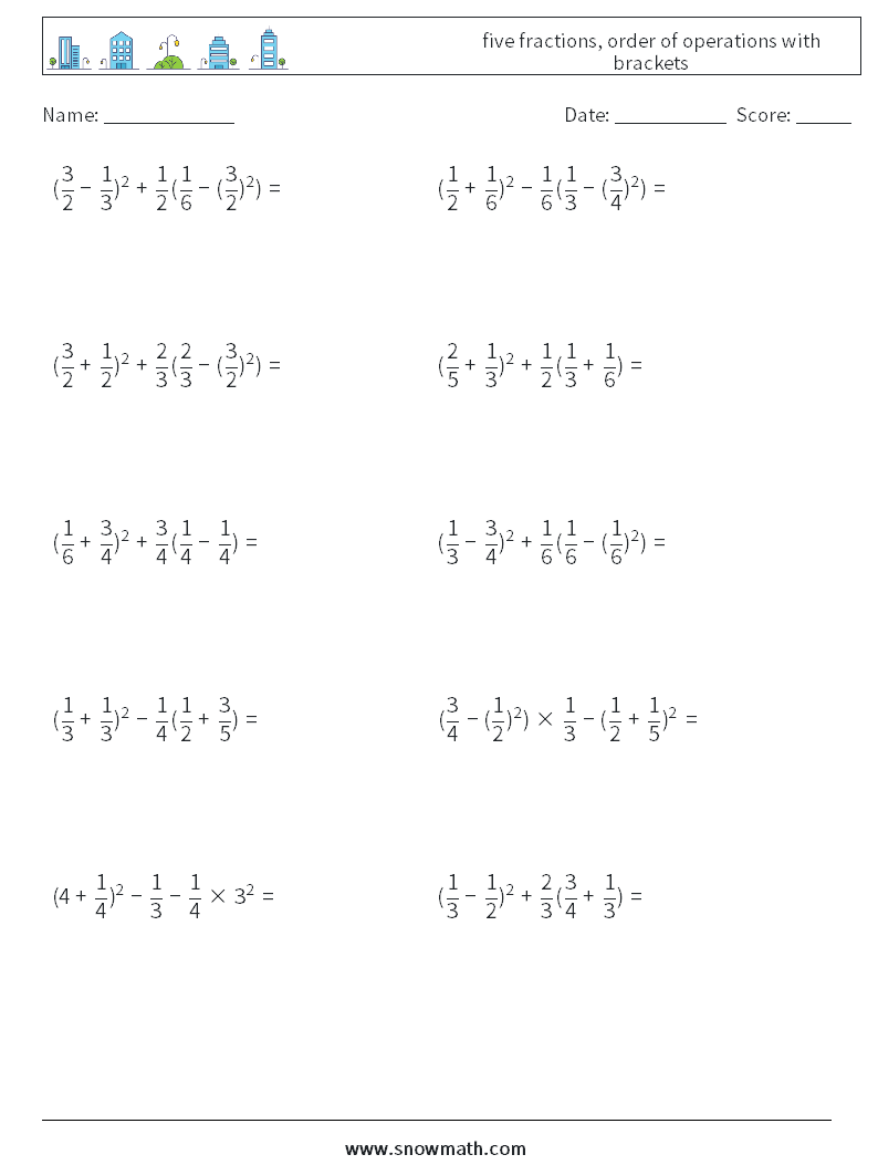 five fractions, order of operations with brackets Math Worksheets 2