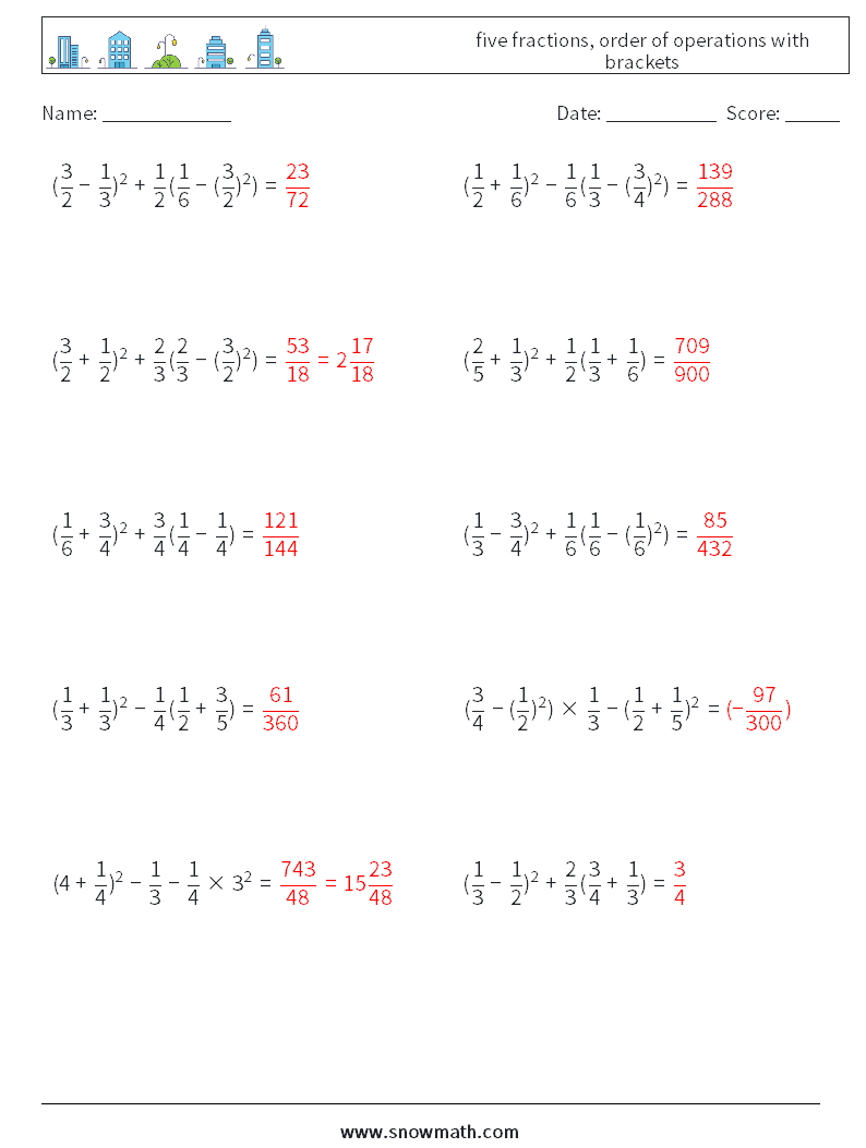 five fractions, order of operations with brackets Math Worksheets 2 Question, Answer