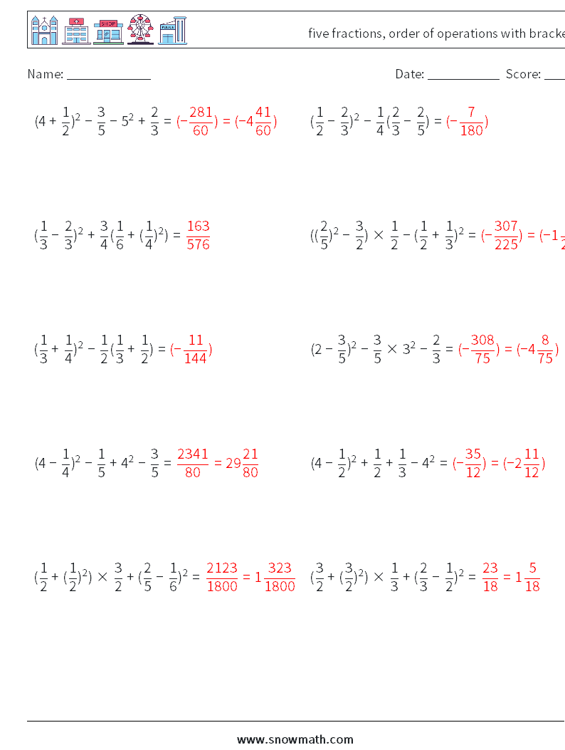 five fractions, order of operations with brackets Math Worksheets 3 Question, Answer