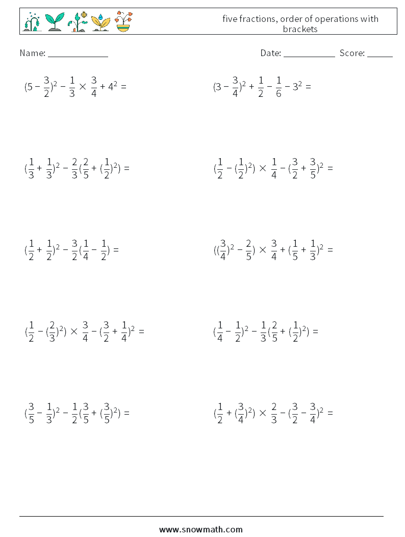 five fractions, order of operations with brackets Math Worksheets 4