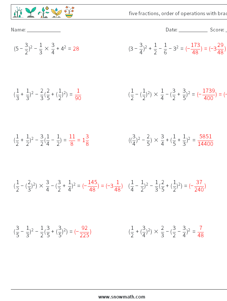 five fractions, order of operations with brackets Math Worksheets 4 Question, Answer