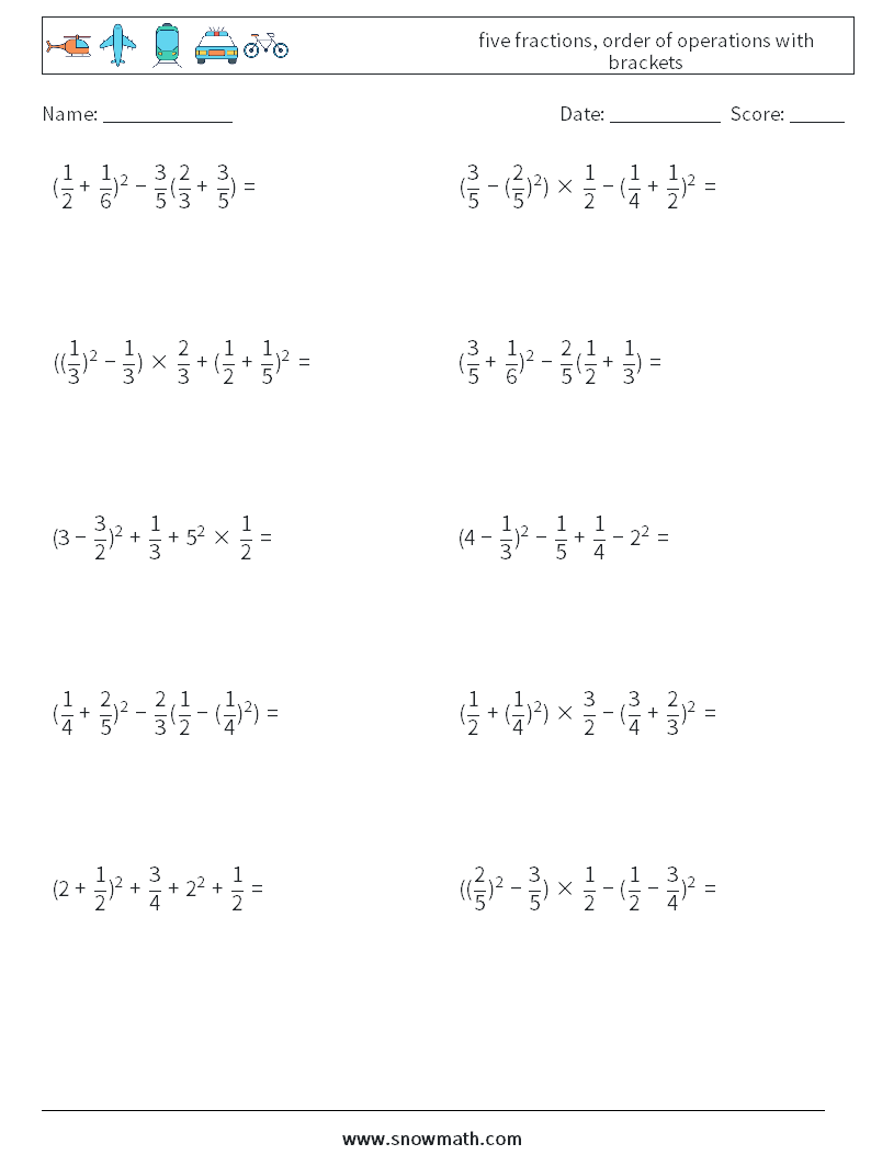 five fractions, order of operations with brackets Math Worksheets 5