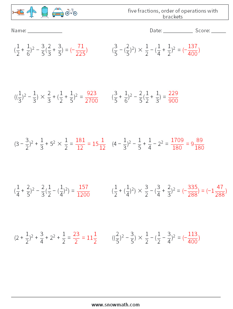 five fractions, order of operations with brackets Math Worksheets 5 Question, Answer