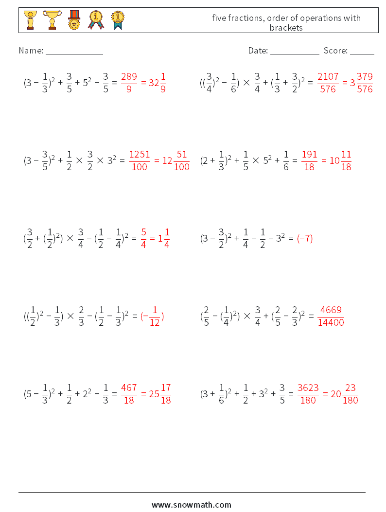 five fractions, order of operations with brackets Math Worksheets 6 Question, Answer